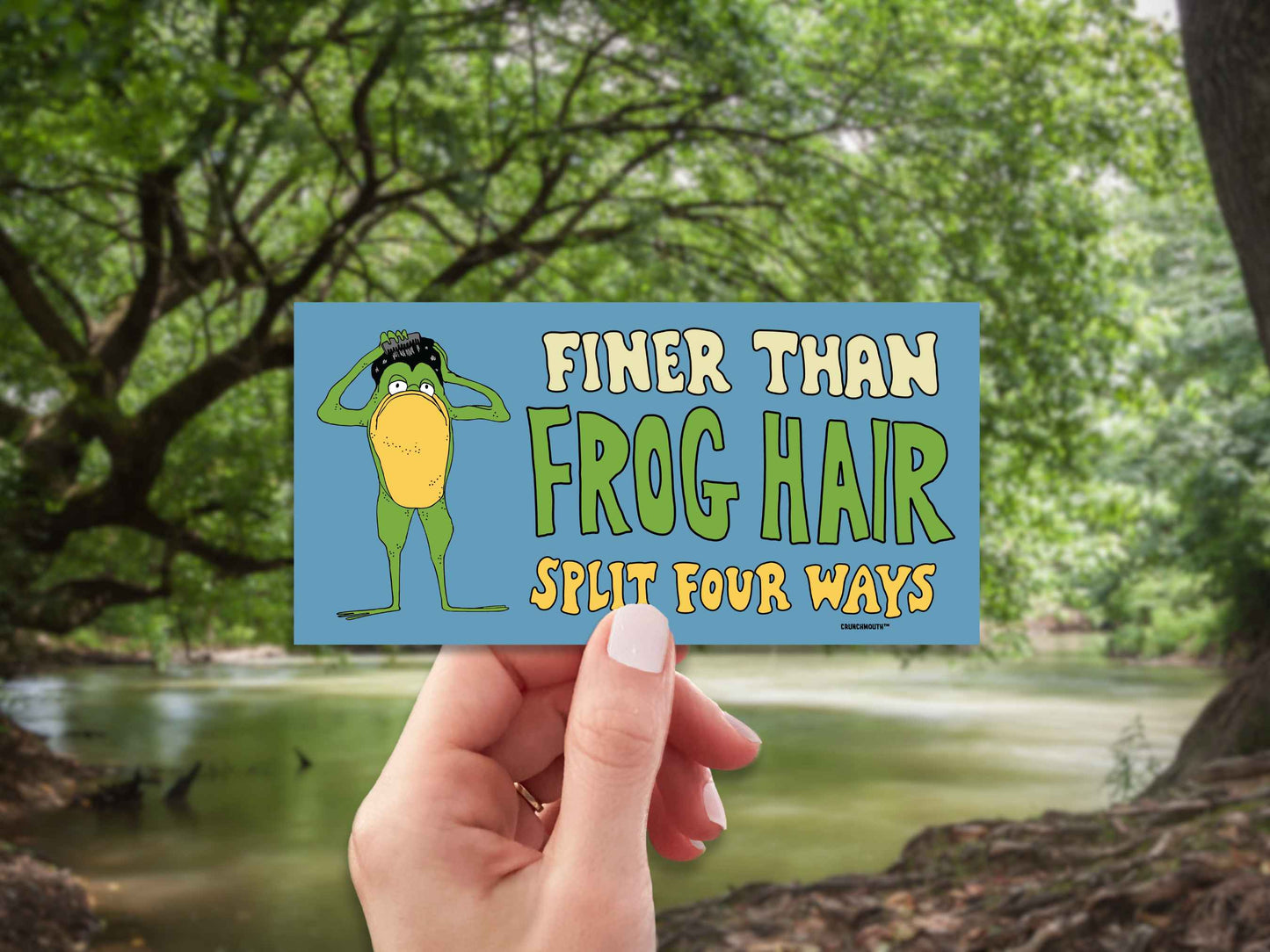 finer than frog hair split four ways bumper sticker, funny greaser frog combing hair, hand display, pond amidst trees background