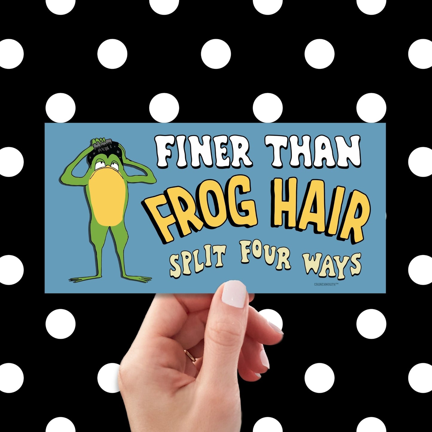 finer than frog hair split four ways bumper sticker, funny greaser frog combing hair, hand display, polka dots pattern design background