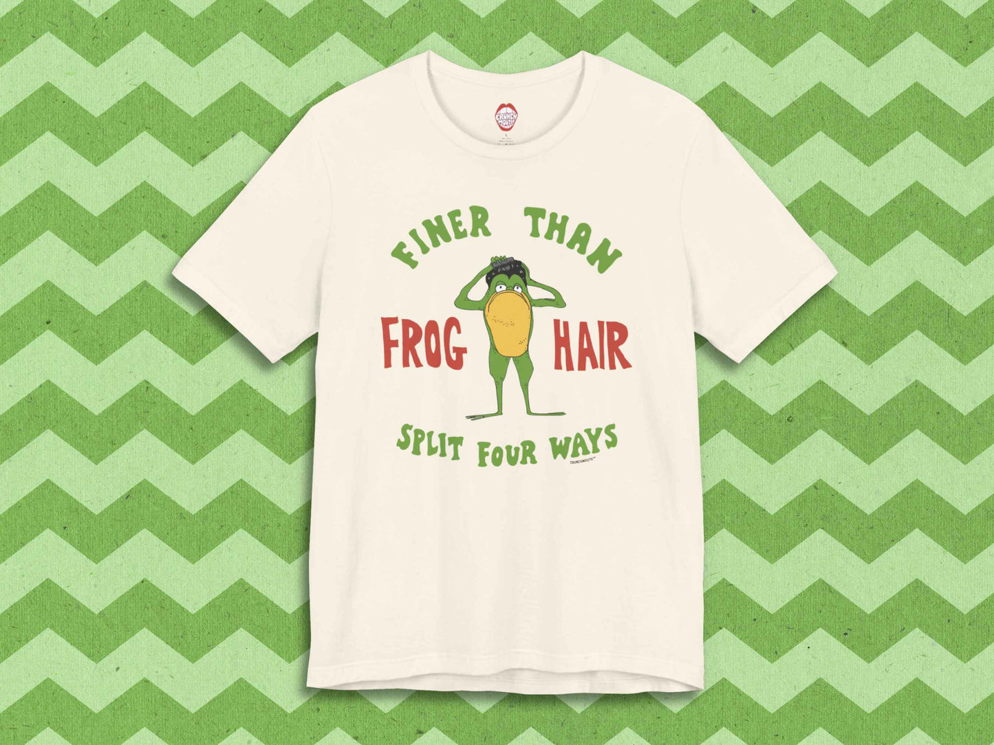finer than frog hair split four ways shirt, front, textured paper with green chevron stripes background