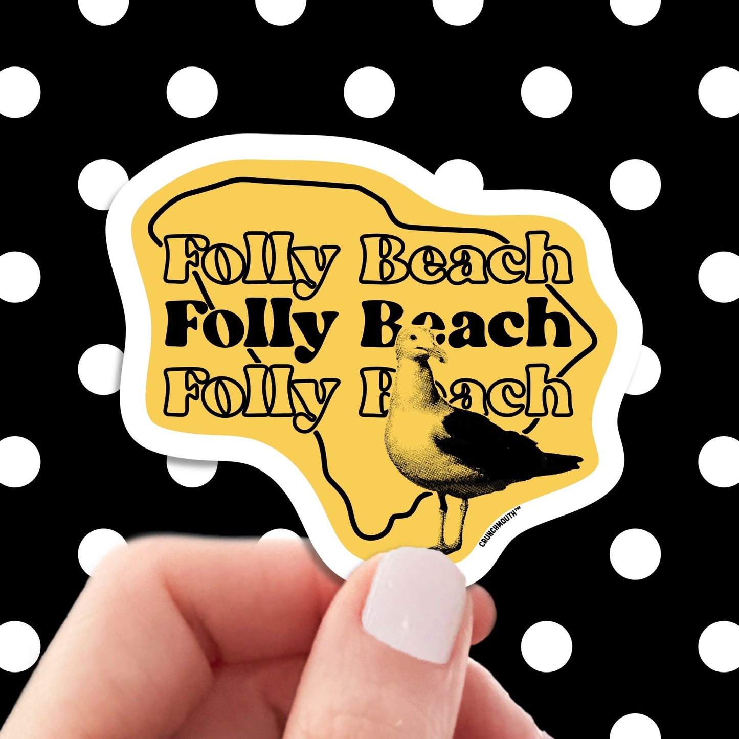 folly beach seagull travel luggage sticker, hand display, polka dots pattern design background