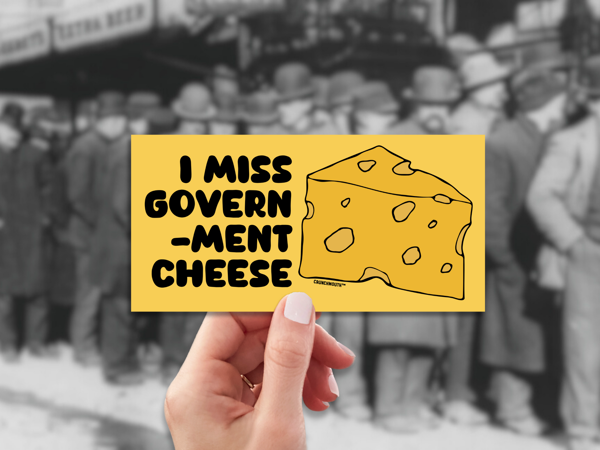 i miss government cheese bumper sticker, hand display, great depression bread line background