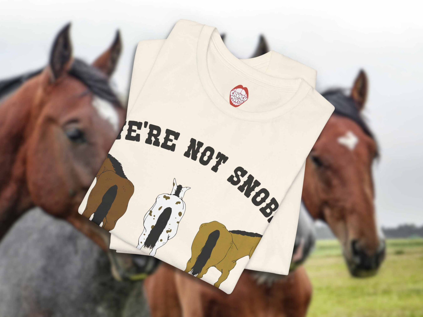 funny horse shirt, we're not snobs we're just better than you, front, folded, horses background
