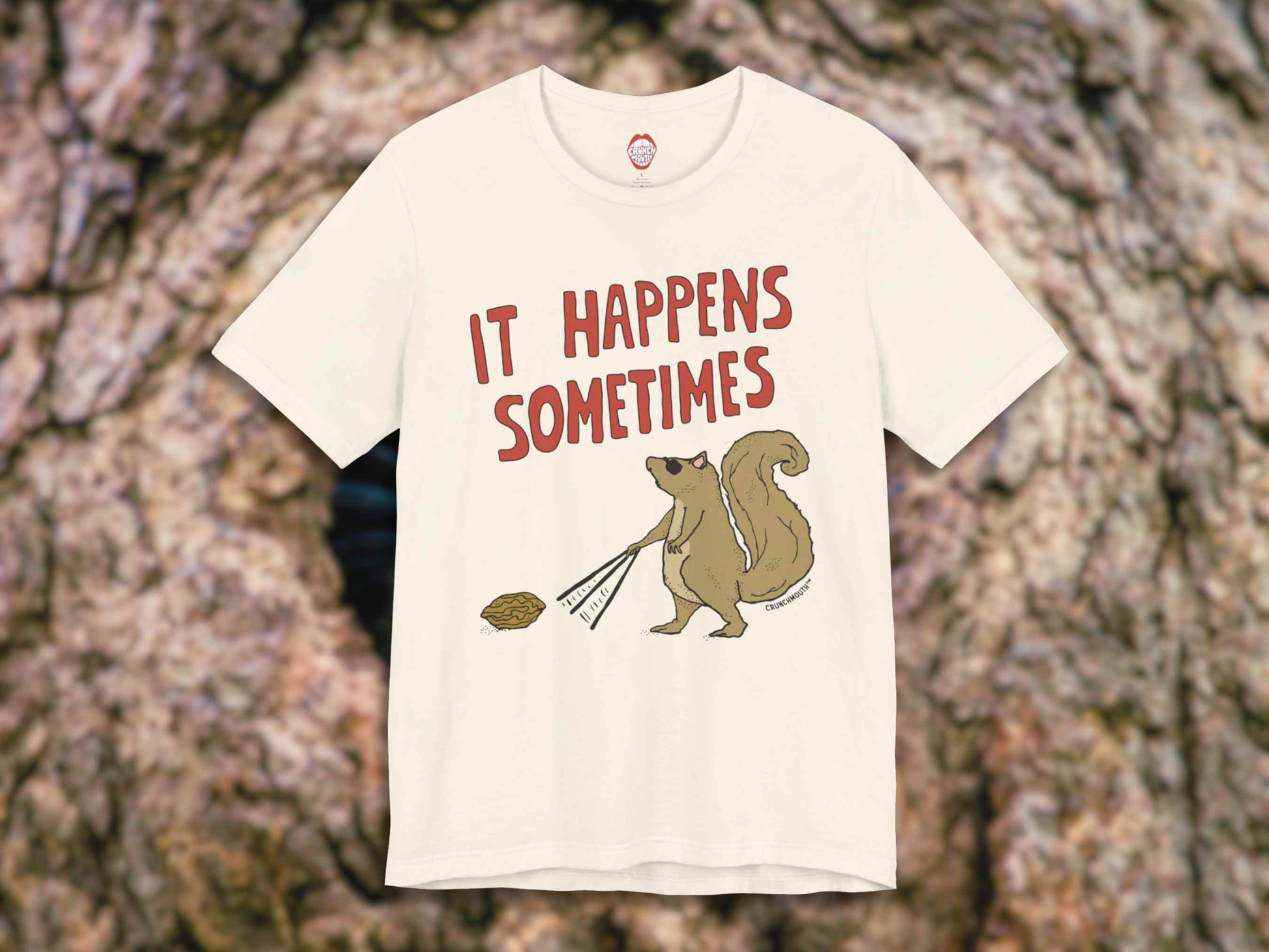 funny squirrel shirt, even a blind squirrel finds a nut sometimes, front, tree bark background