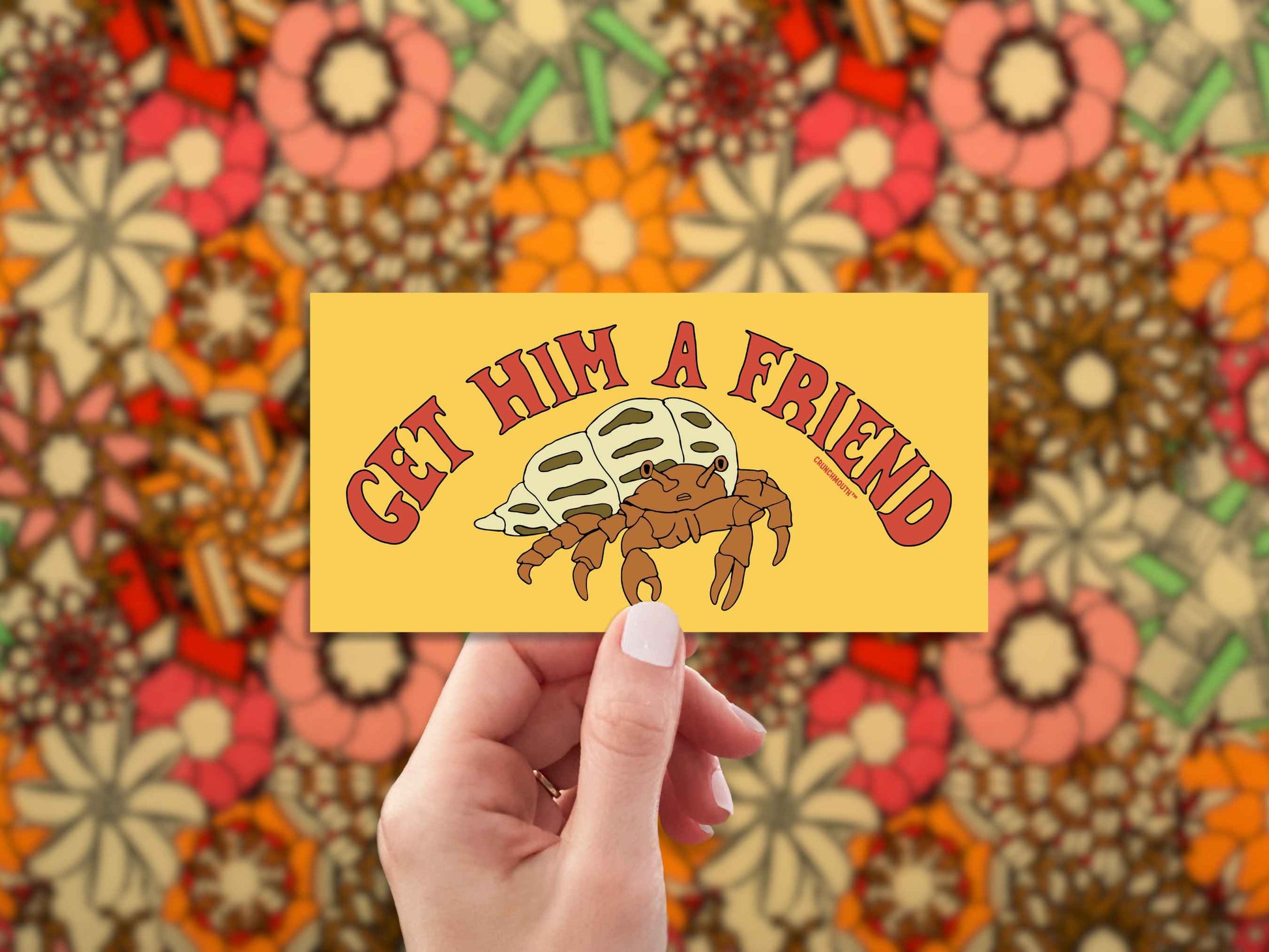 get him a friend funny hermit crab bumper sticker, hand display, 1960s floral pattern fabric background