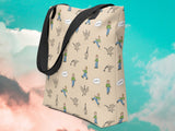 funny goose tote bag, front side, cloud sky background