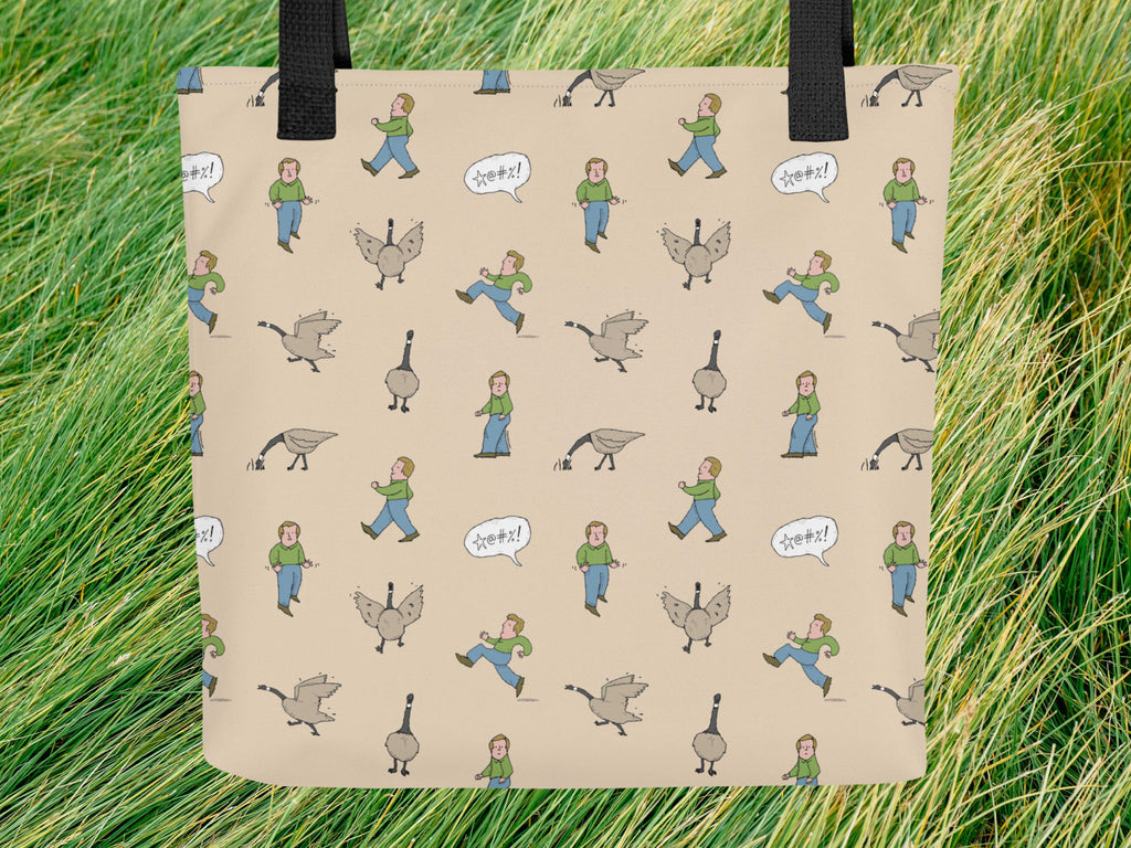 angry goose tote bag, flat, grass background