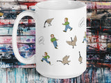 angry goose chases man coffee mug, 15oz, handle on left, graffiti background