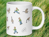 silly goose chases man coffee mug, 20oz, handle on right, grass background