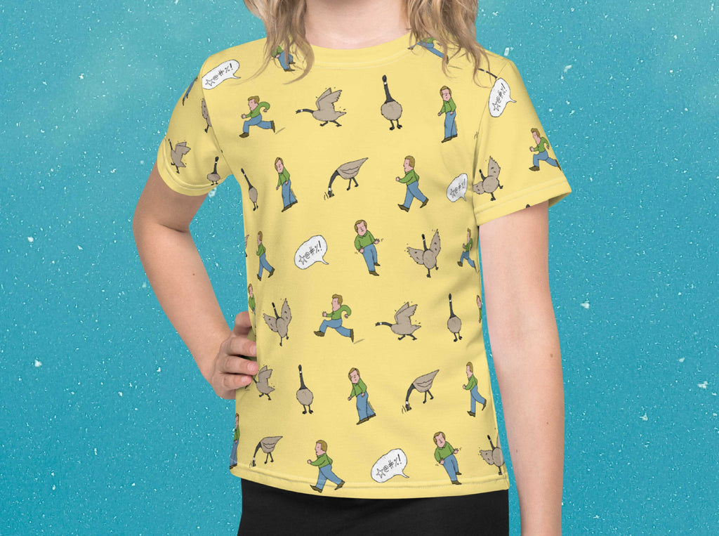 angry goose shirt for kids, front, girl, blue sky background
