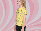 angry goose chases man all over print tshirt, girl, front left, pink swirl background