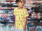angry goose aop shirt for kids, front left, boy, graffiti background