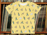 angry goose chases man shirt, flat, front, vinyl record shelf background