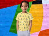 angry goose chases man all over print tee for boys and girls, front, boy, vibrant color brick wall background