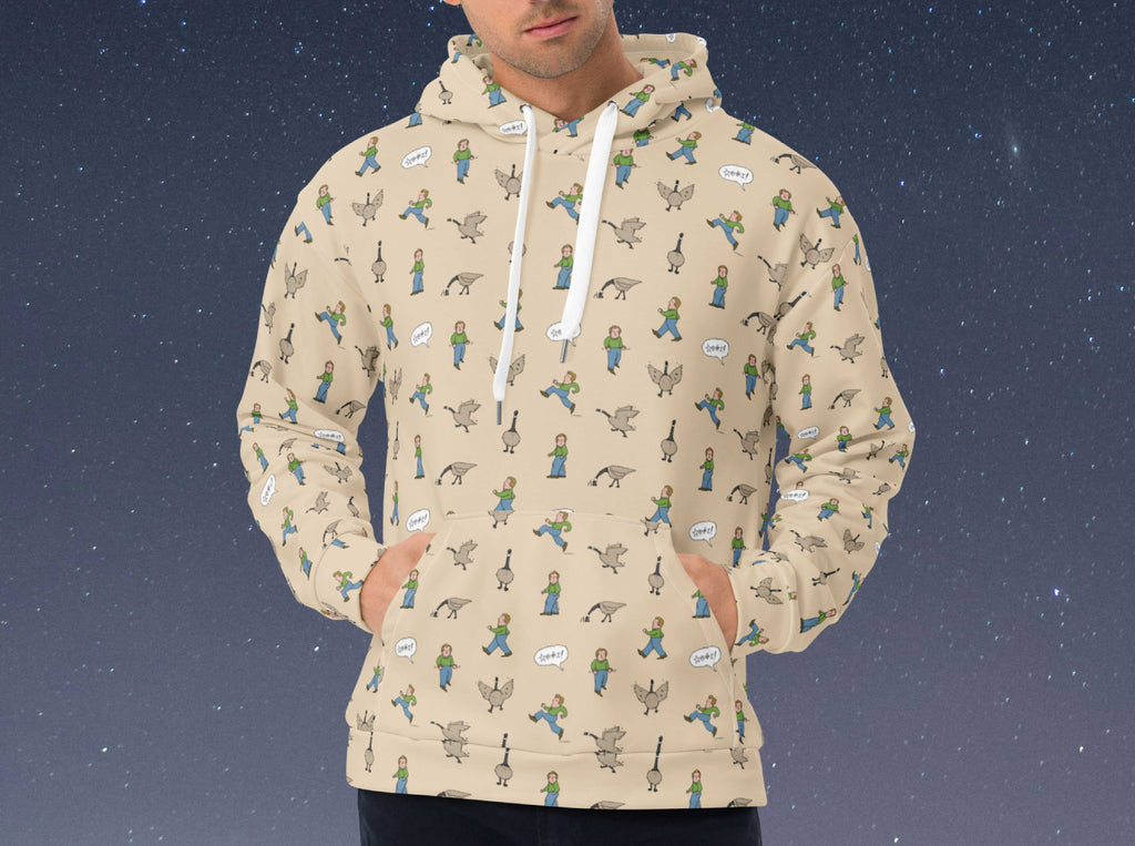 angry goose allover print sweatshirt, front, male, starry night background