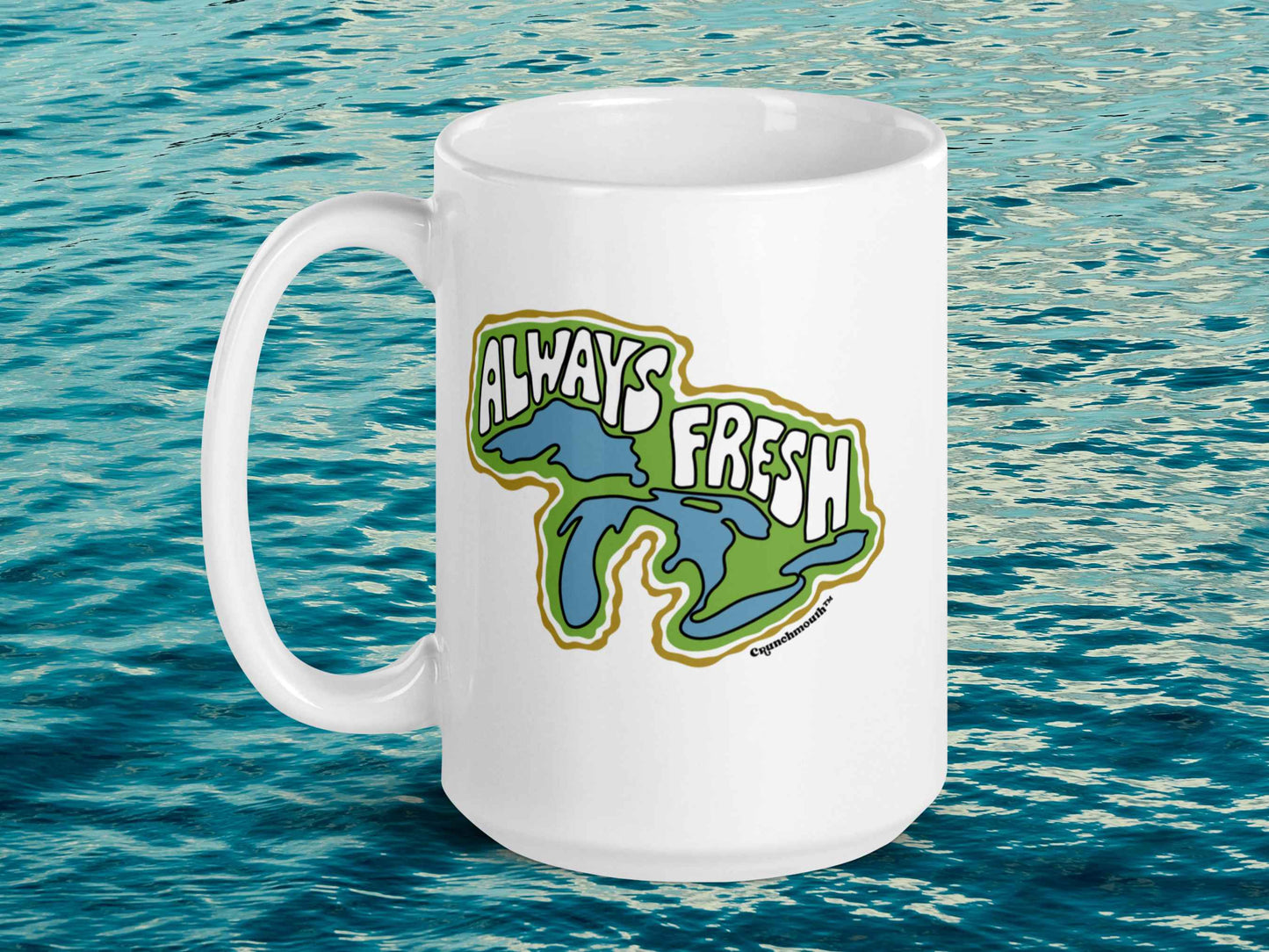 great lakes mug, retro coffee mugs, 15 oz, handle on left, blue water background