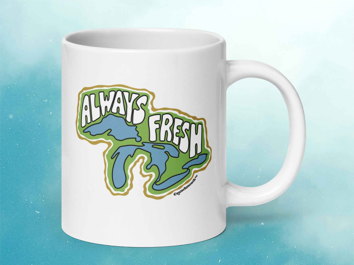 great lakes mug, retro coffee mugs, 20 oz, handle on right, blue sky background