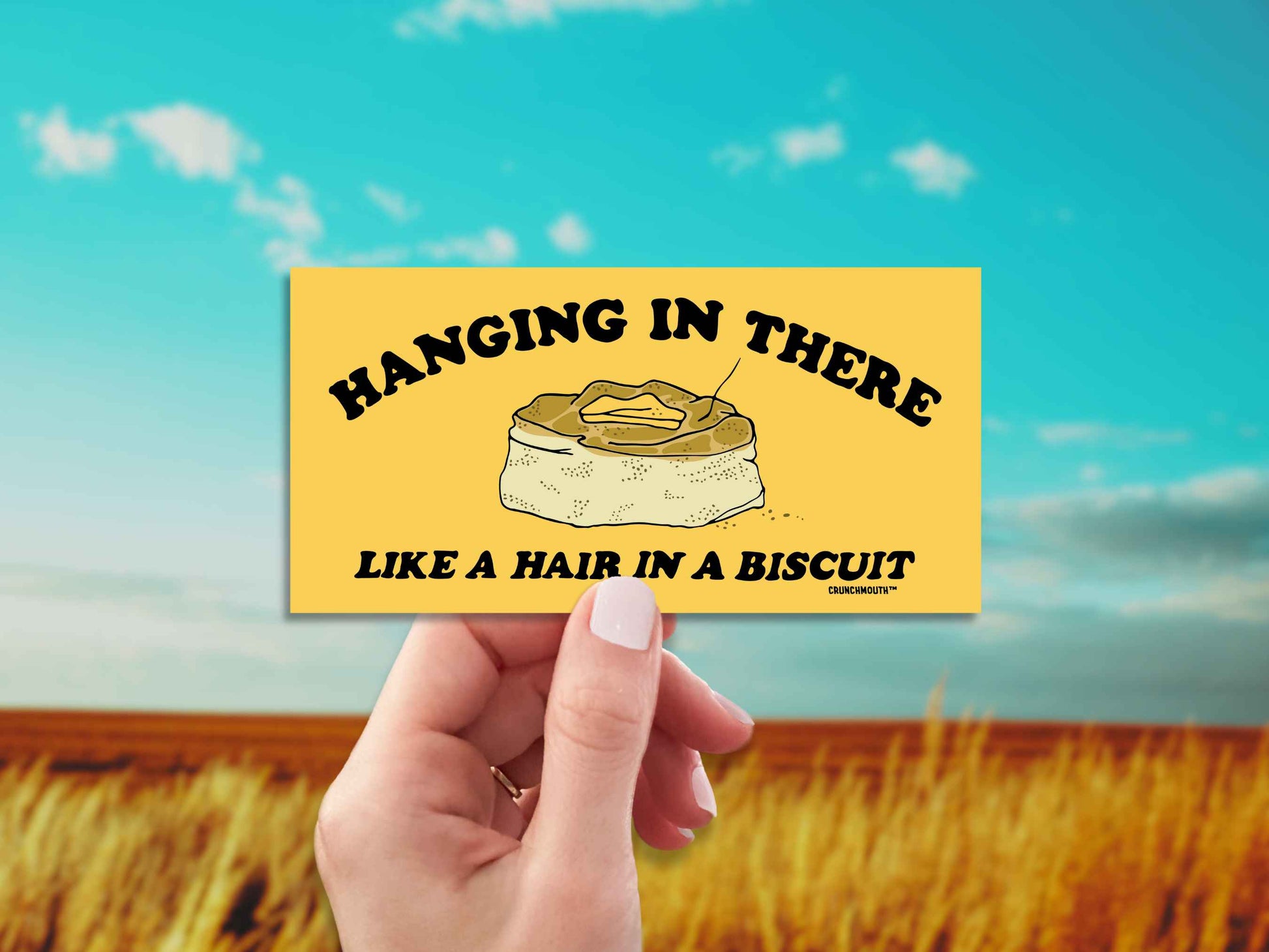 hanging in there like a hair in a biscuit, funny bumper stickers, hand display, wheat fields background