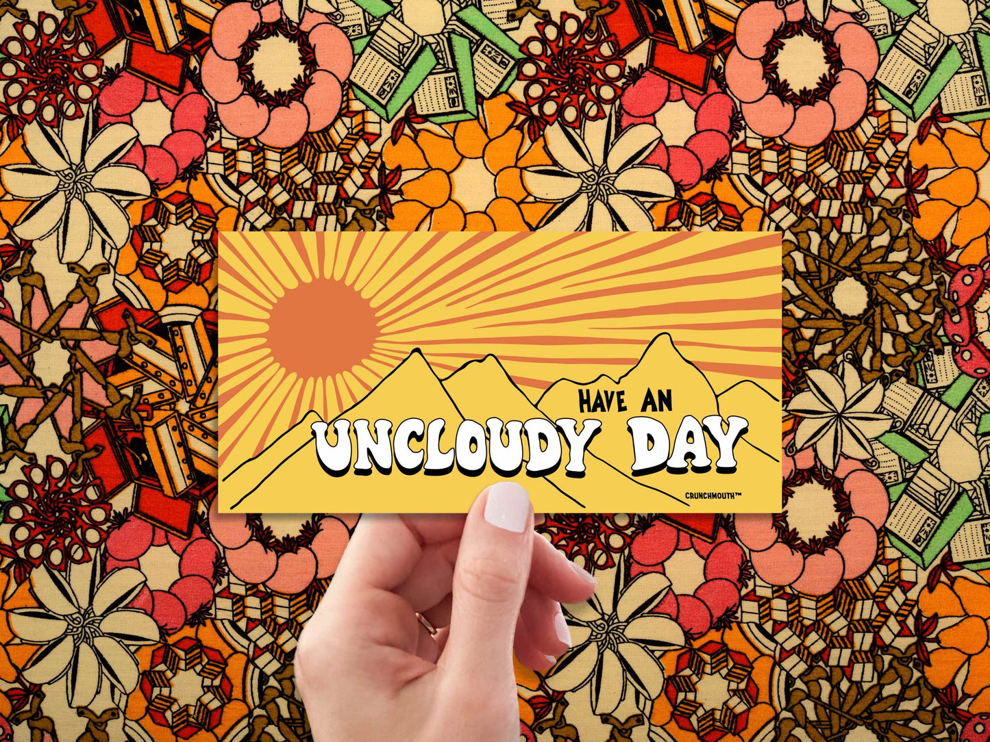 have an uncloudy day bumper sticker, hand display, 1960 floral pattern fabric background