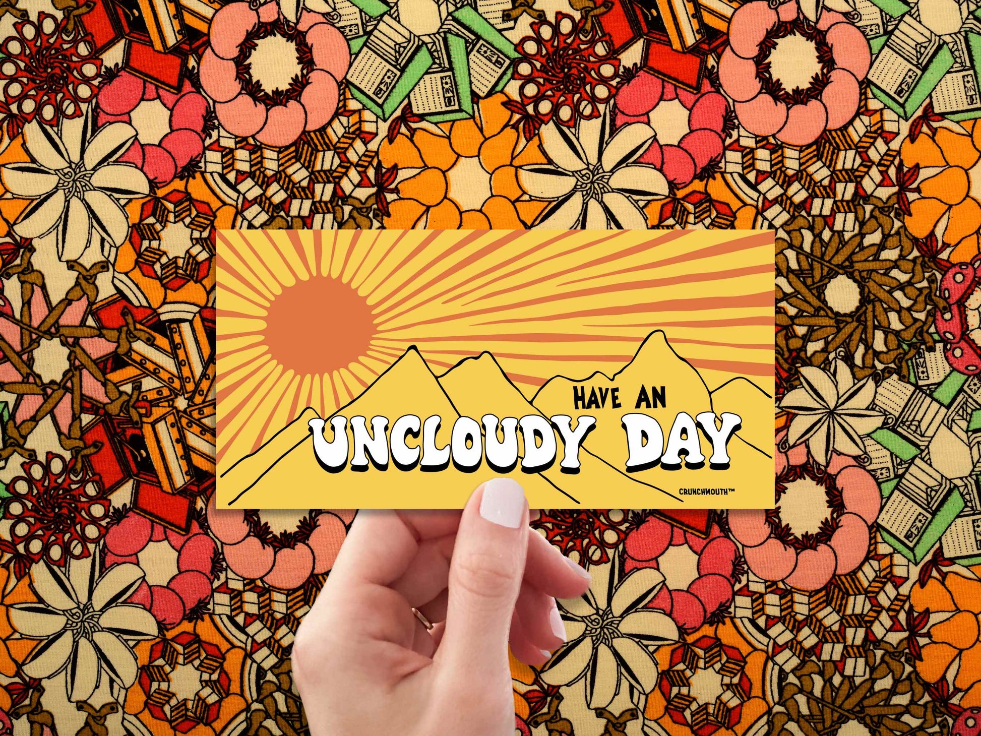 have an uncloudy day bumper sticker, hand display, 1960 floral pattern fabric background