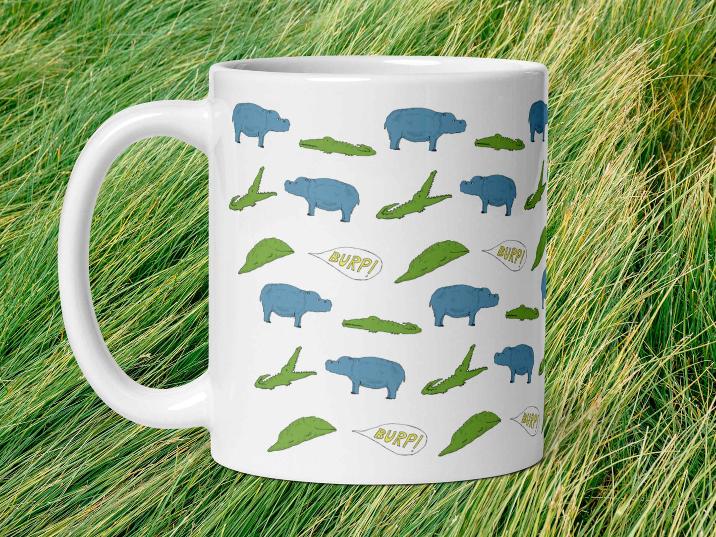 hippo mug, fun coffee mugs, 11 oz, handle on left, green grass background