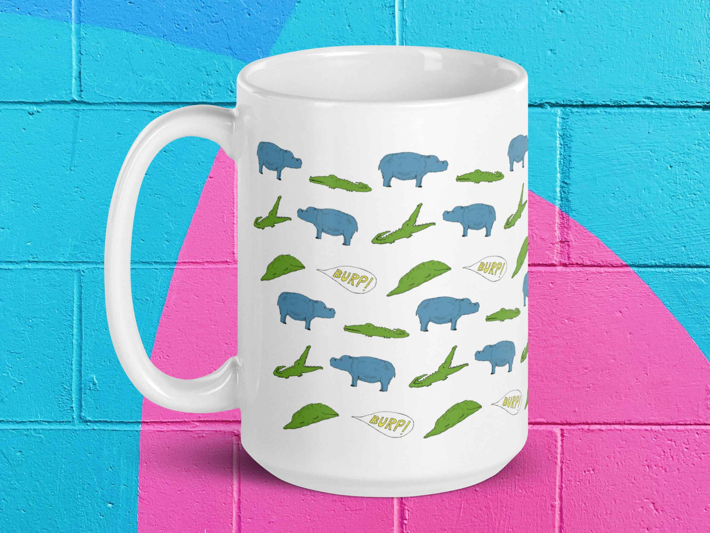 hippo mug, fun coffee mugs, 15 oz, handle on left, vibrant color cinder block background