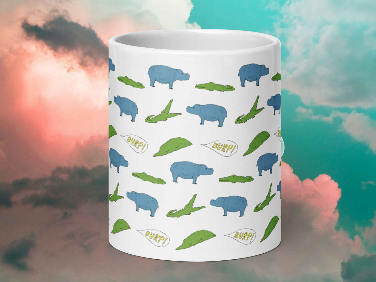 hippo mug, fun coffee mugs, 20 oz, front view, cloud sky background