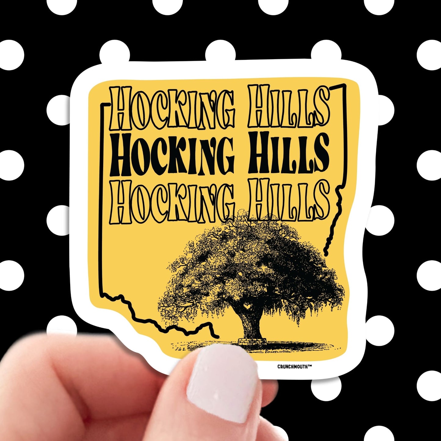 hocking hills travel luggage sticker, hand display, polka dots pattern design background