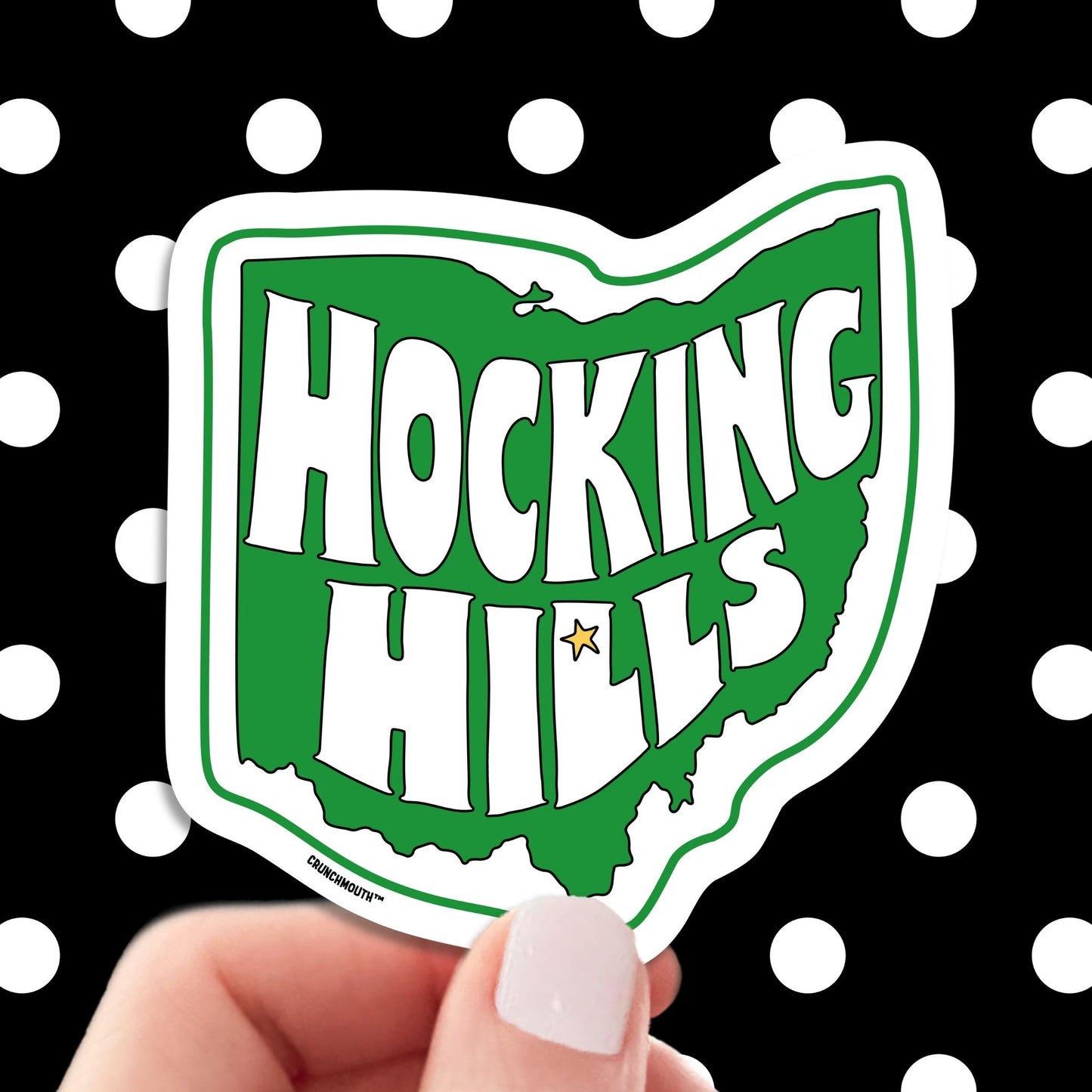 hocking hills ohio state park travel luggage sticker, hand display, polka dots pattern design background