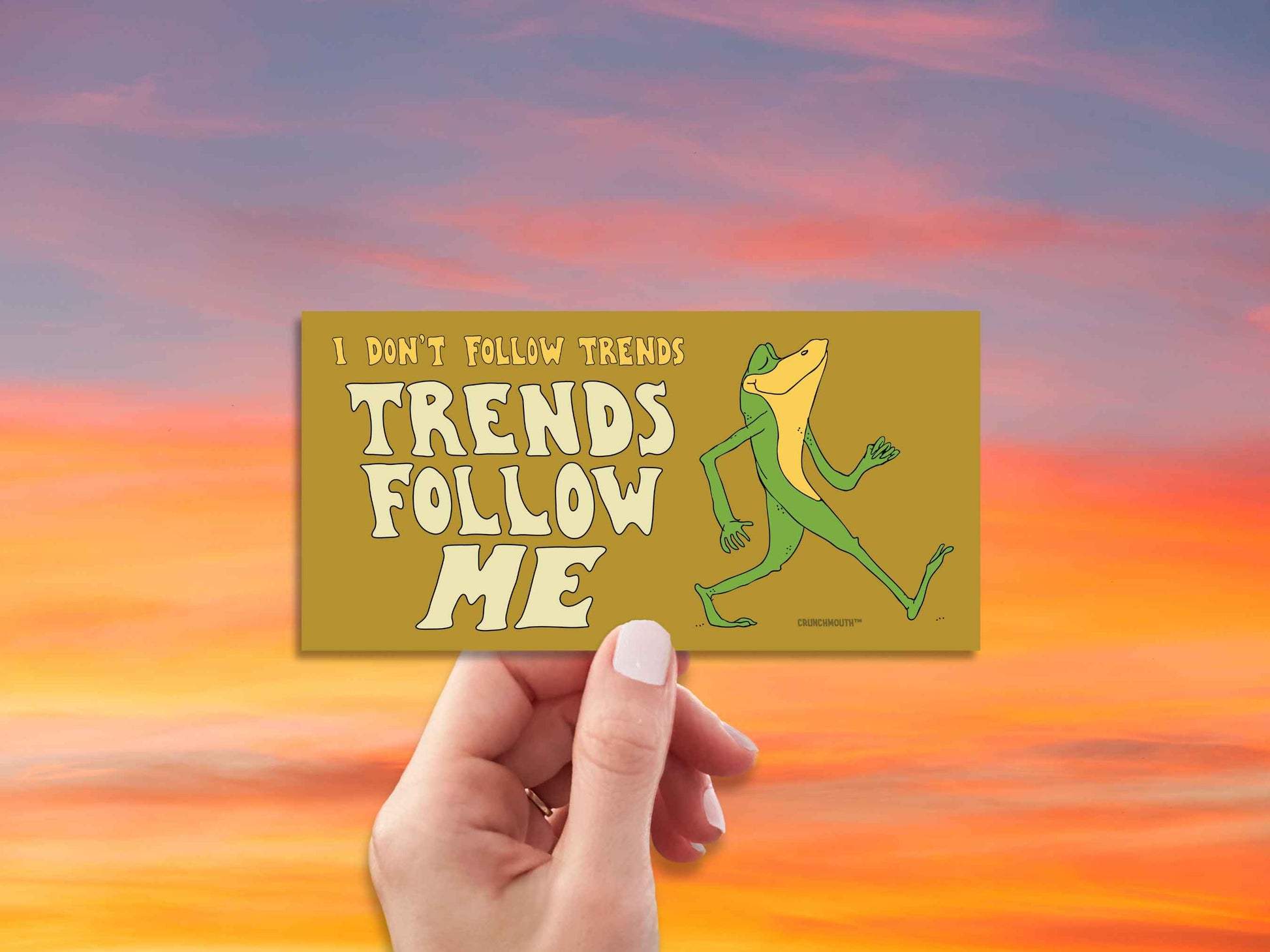 i don't follow trends, trends follow me bumper sticker, hand display, mountain stream cabin background
