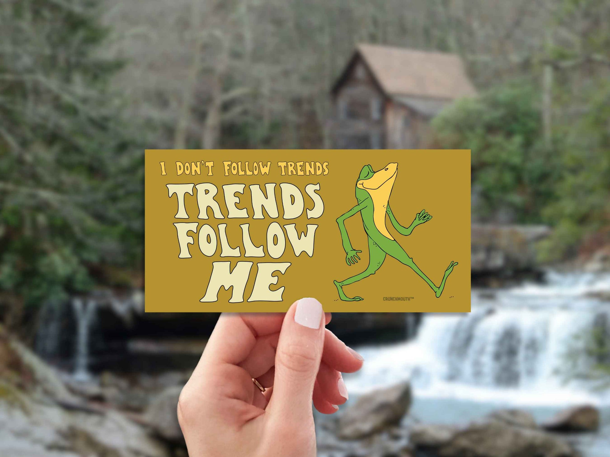 i don't follow trends, trends follow me bumper sticker, hand display, red sky background