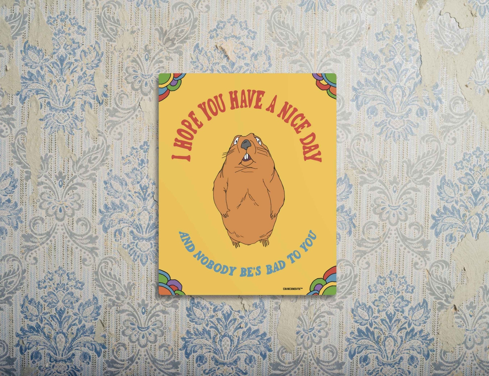 funny groundhog metal wall sign, front, 70s wallpaper background