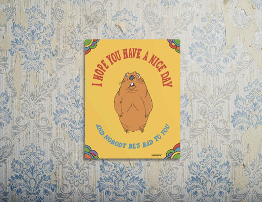 funny groundhog metal wall sign, front, 70s wallpaper background