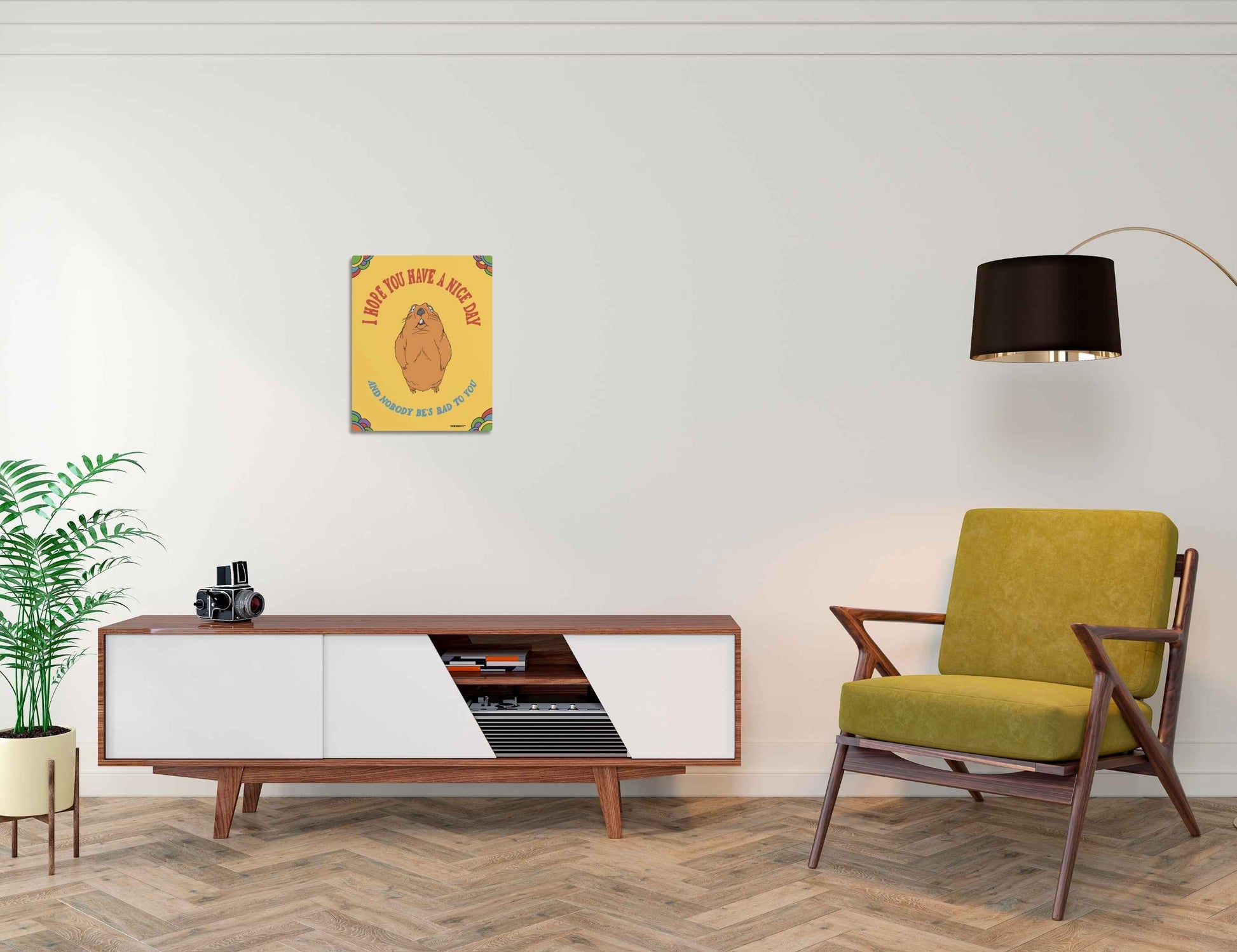 funny groundhog metal wall sign, front, displayed in context on wall