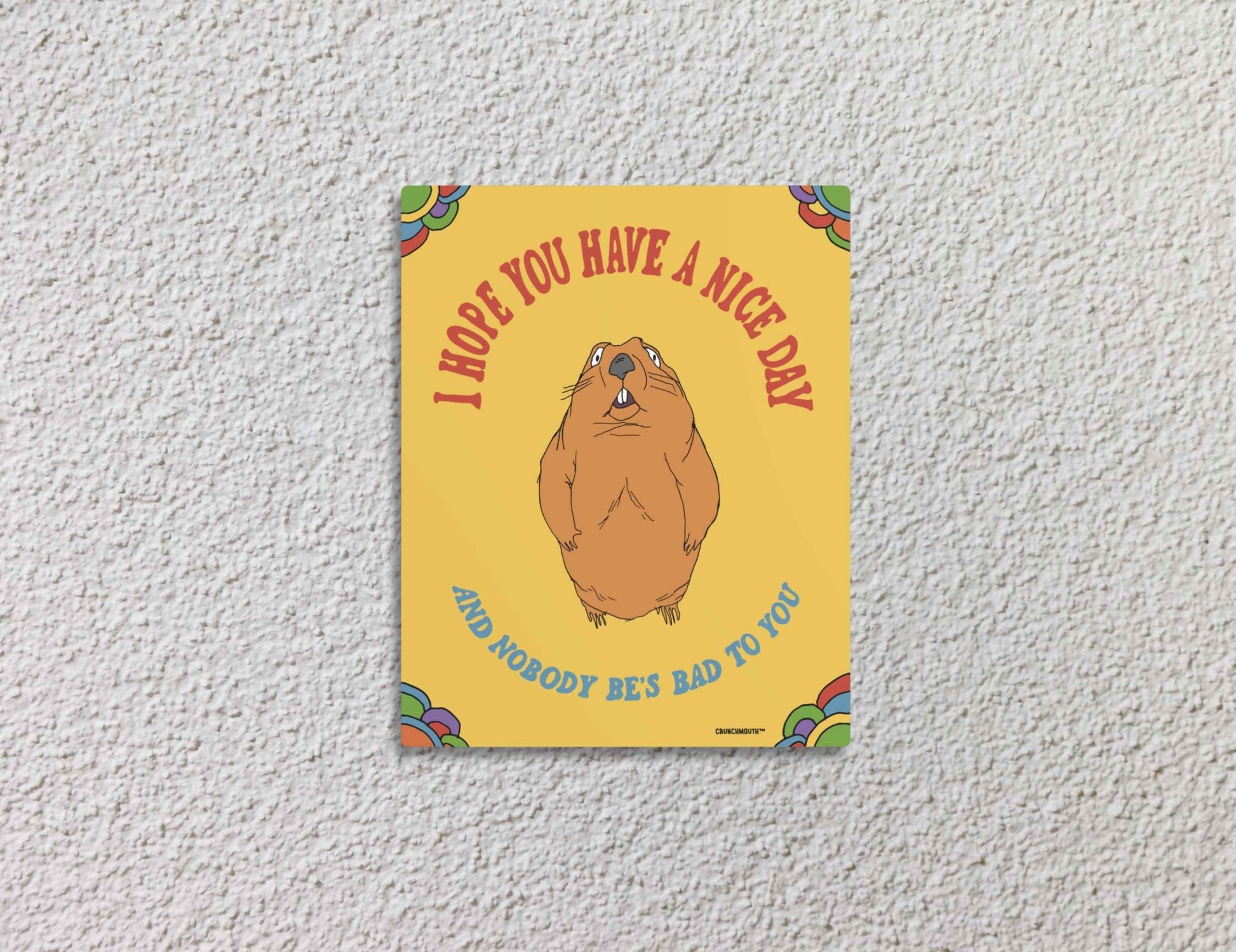 funny groundhog metal wall sign, front, white textured background