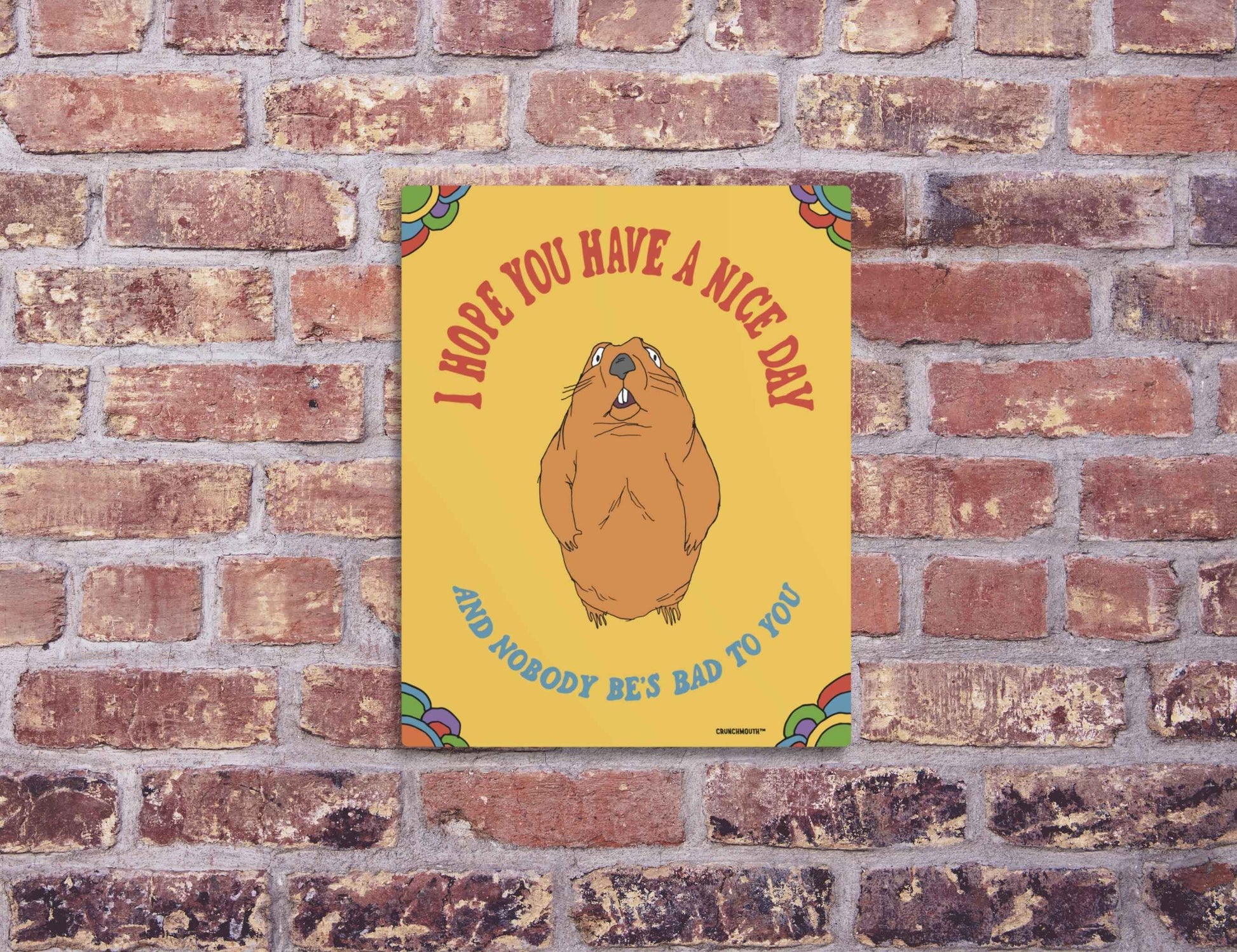 funny groundhog metal wall sign, front, brick wall background
