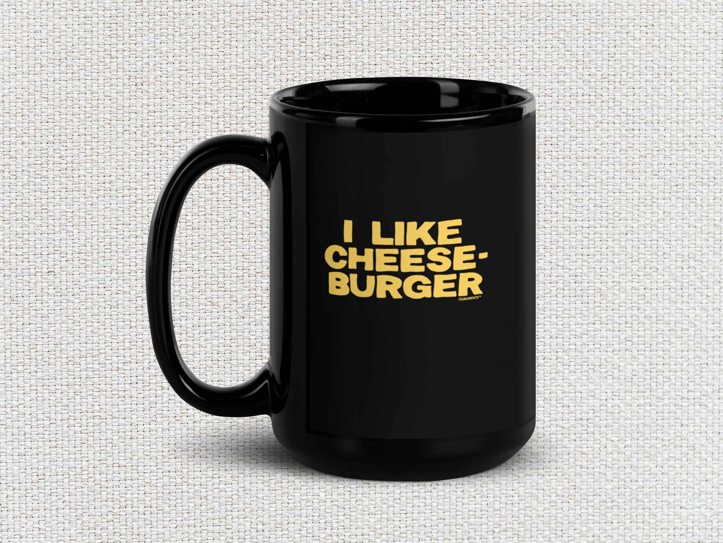 i like cheeseburger coffee mug, 15oz, handle on left, white textured background