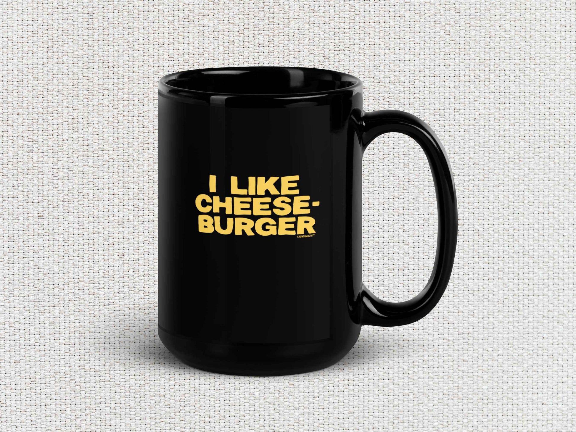 i like cheeseburger coffee mug, 15oz, handle on right, white textured background