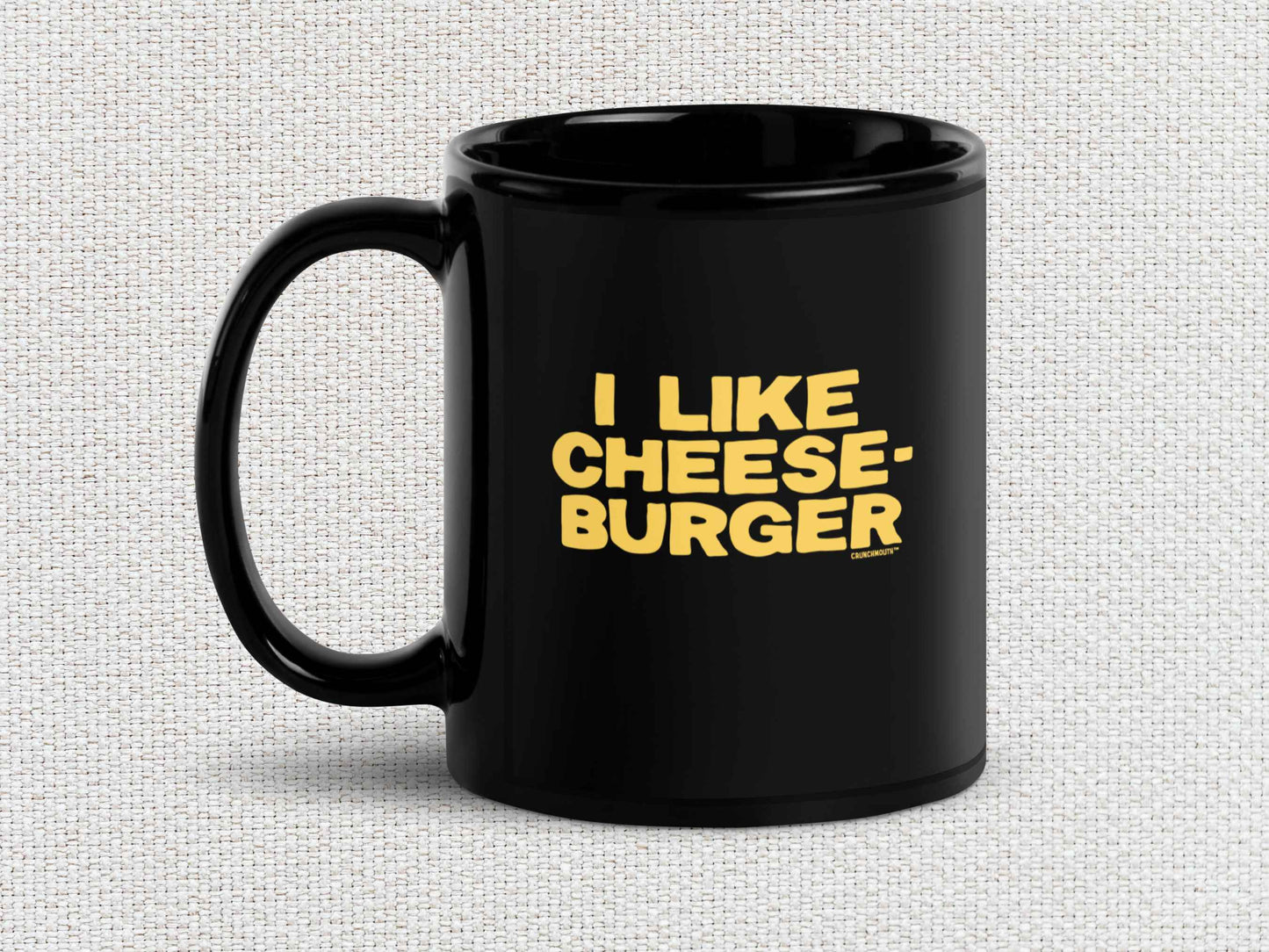 i like cheeseburger coffee mug, 11oz, handle on left, white textured background