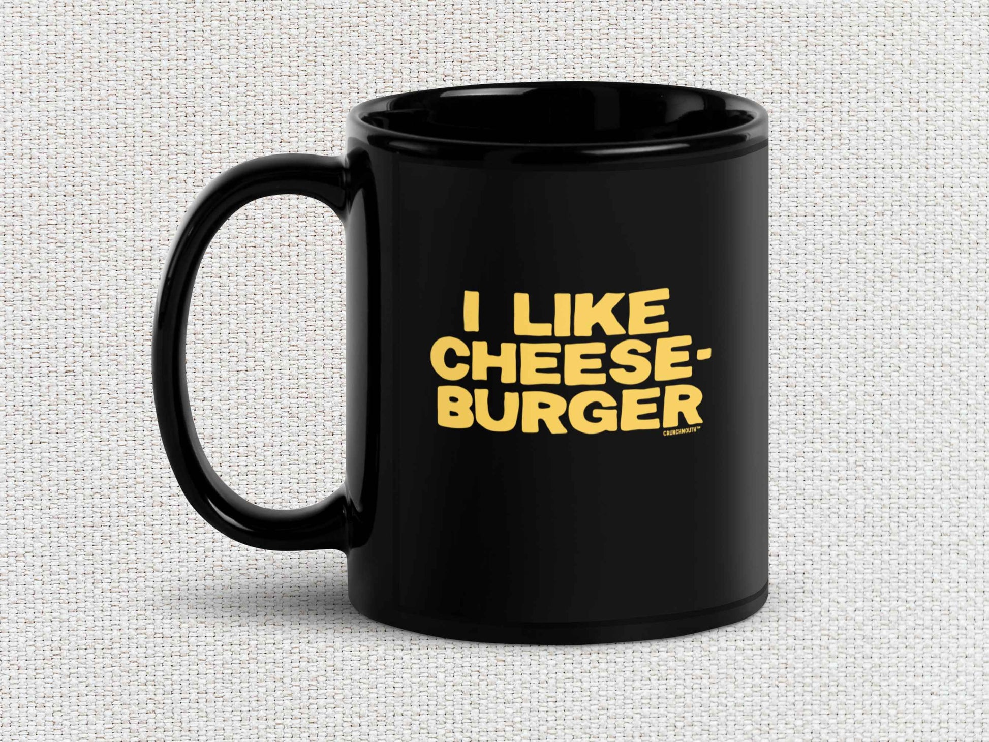 i like cheeseburger coffee mug, 11oz, handle on left, white textured background