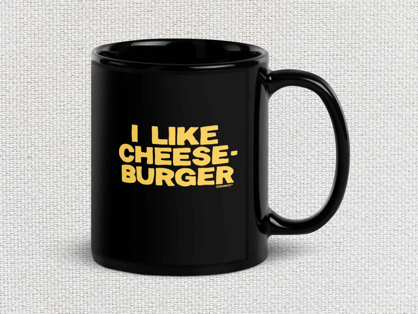 i like cheeseburger coffee mug, 11oz, handle on right, white textured background