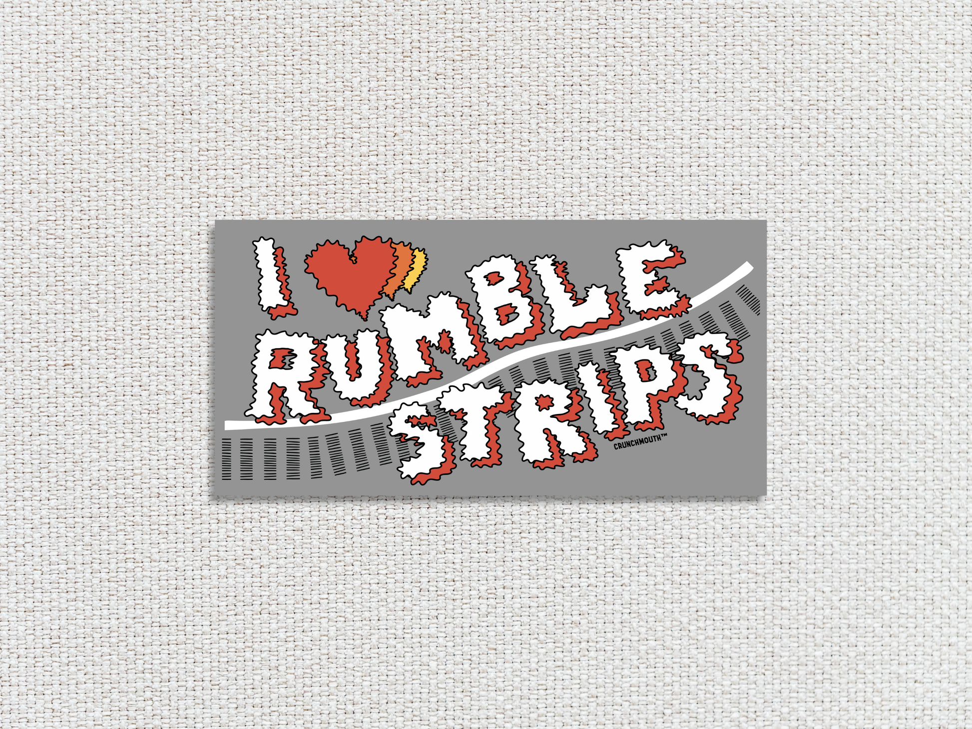 i love rumble strips bumper sticker, white textured fabric background