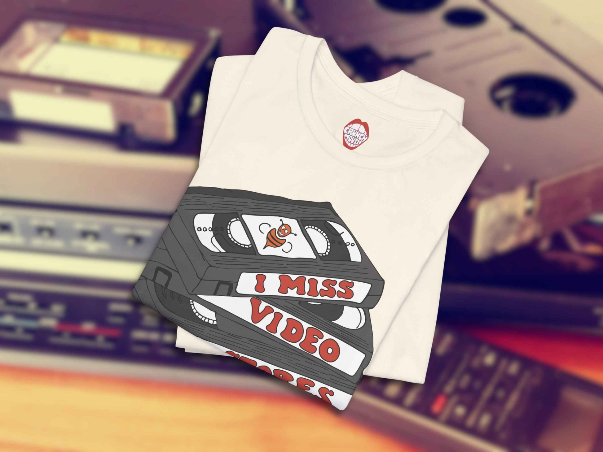 i miss video stores shirt, funny 80s 90s nostalgia, folded, vhs player machine