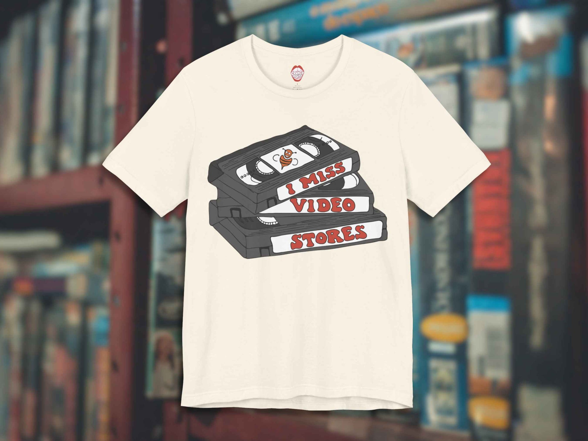 i miss video stores shirt, funny 80s 90s nostalgia, front, vhs background