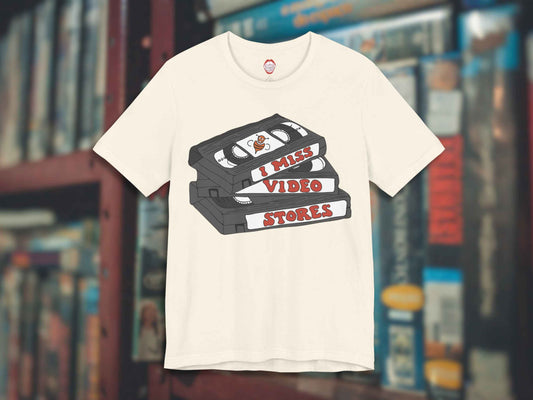 i miss video stores shirt, funny 80s 90s nostalgia, front, vhs background