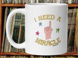 i need a miracle coffee mug, 11oz, handle on left, vinyl record shelf background