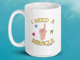 i need a miracle coffee mug, 15oz, handle on left, blue sky background