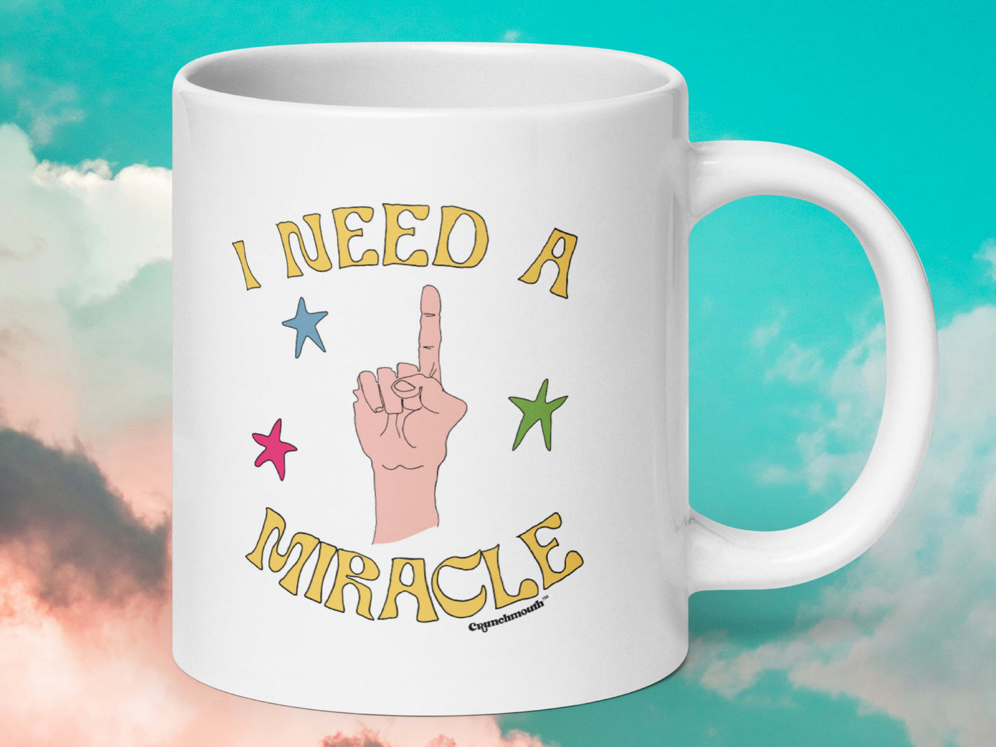 i need a miracle coffee mug, 20oz, handle on right, cloud sky background