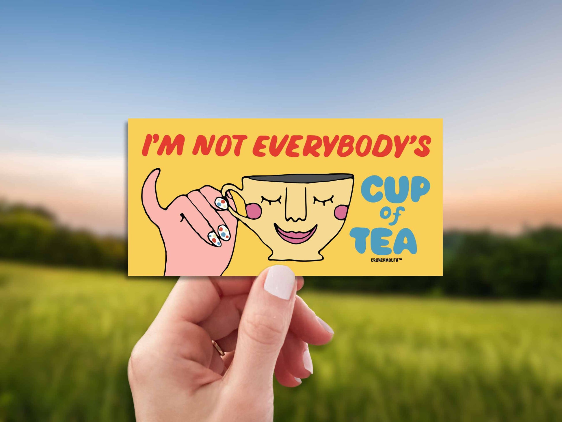 i'm not everybody's cup of tea bumper sticker, funny bumper stickers, hand display, blurred landscape background