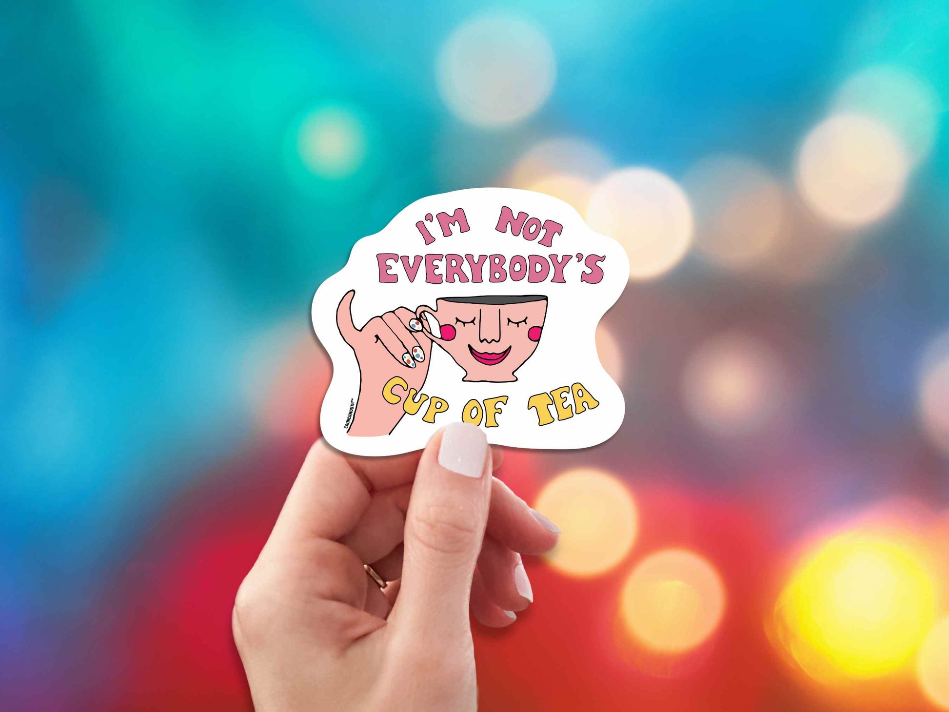 i'm not everybody's cup of tea laptop sticker, hand display, colorful lights background