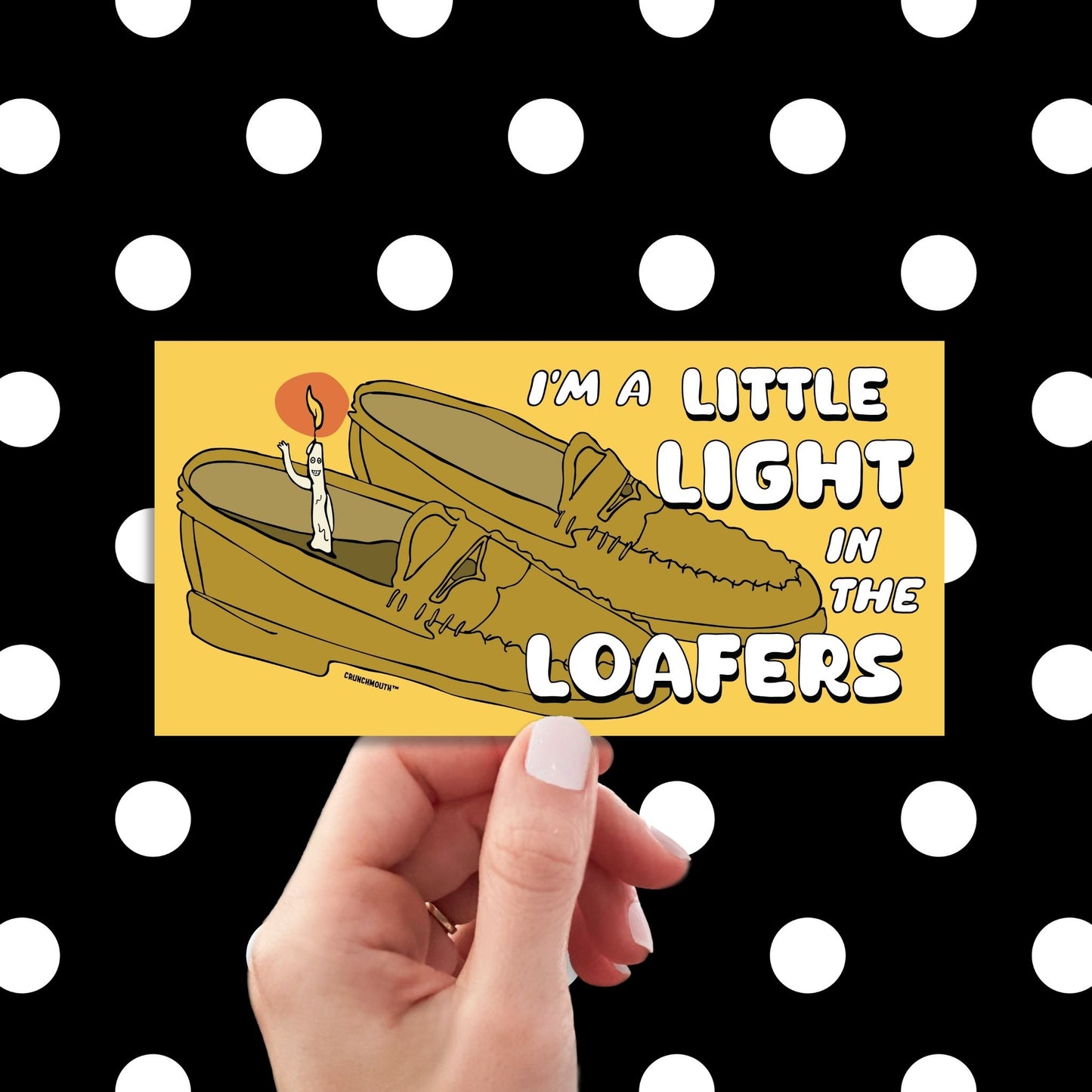 i'm a little light in the loafers bumper sticker, hand display, polka dots pattern design background
